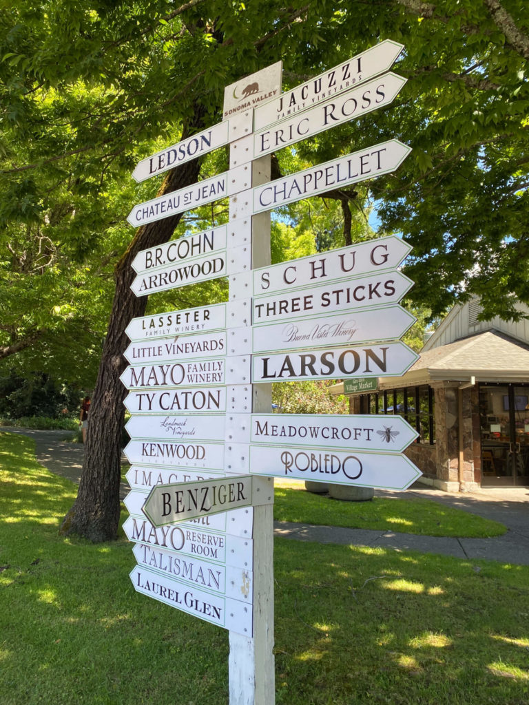 Sign post in California Wine Country showing in which direction the many wineries are located